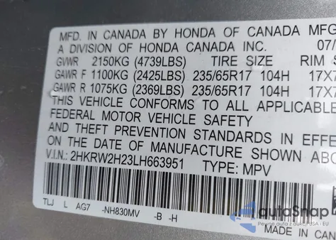 2020 Honda Cr-V Awd Lx из США, поврежденный, VIN 2HKRW2H23LH663951